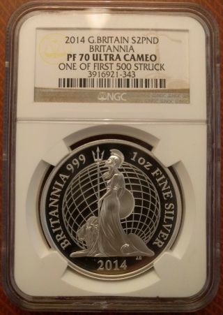 2014 Britannia Proof 1 Oz Silver Coin - Ngc Pf70 Ultra Cameo Perfect First 500