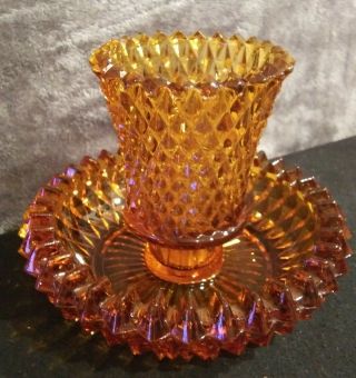 Vintage Indiana Glass Amber Diamond Hobnail 2 Piece Votive Holder Sawtooth Edge