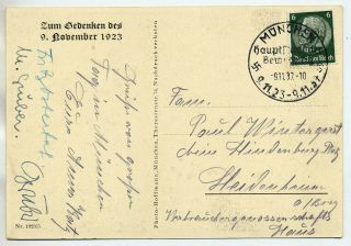 Germany 1937 Beer Hall Putsch Commemorative Postcard Munich Special Cancel