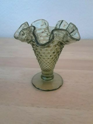 Vintage Fenton Hobnail Small Trumpet Cone Green Glass Footed Double Crimp Vase