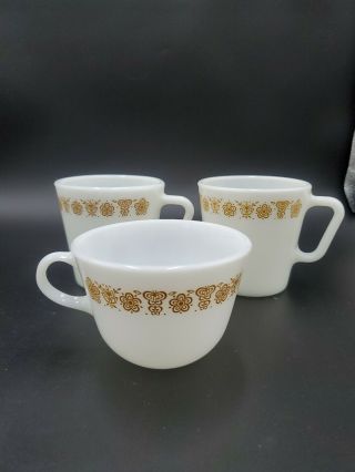3 Vintage Pyrex,  Corning,  Corelle Butterfly Gold Coffee/tea Cups Mugs