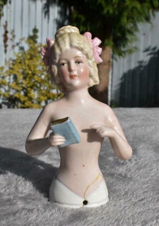 Rare German Porcelain Karl Schneider Half Doll Arms Away Nude Holding Book