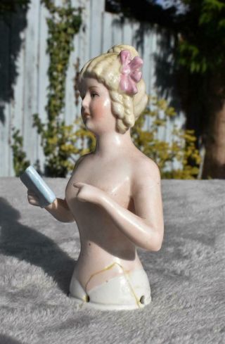 Rare German Porcelain Karl Schneider Half Doll Arms Away Nude Holding Book 2