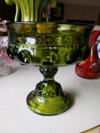 Kings Crown Thumbprint Indiana Depression Glass Green Compote Candy Dish