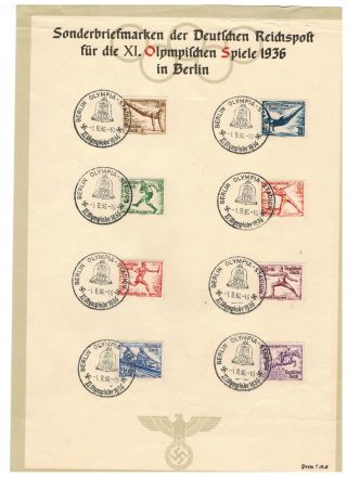 1936 Germany Olympics Set On Special Commemorative Sheet With Berlin Cancels