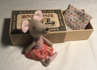 Maileg Big Sister Mouse W/ Pink Polka - Dot Skirt.  Matchbox,  Bedding.