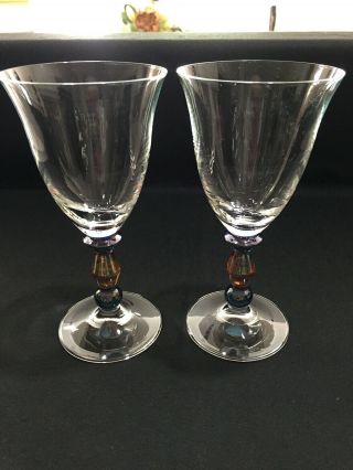 2 Art Glass Wine/water Goblets Iridescent Gold Blue Ball Stems