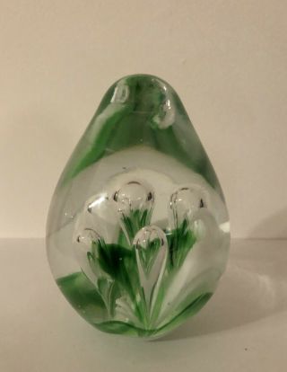 Egg Shaped Hand Blown Art Glass Paperweight Green White Large Bubbles