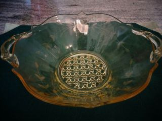 Lancaster Depression Glass Etched Yellow Bowl W/handles,  9.  25 ",  Cane Bottom