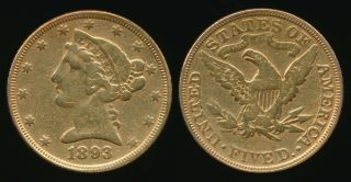 1893 Usa $5 Gold Half Eagle (circulated).  24 Troy Oz Act.  Gold Wt