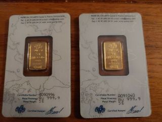 Pamp Suisse Fortuna 2 Piece (5 Gram Each).  9999 Gold Bars - W/ Assay Card