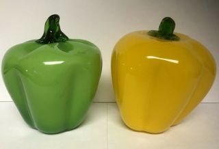 Set Of 2 Murano Hand Blown Glass Vegetable Bell Peppers Green Yellow