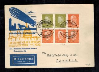 1932 Germany Graf Zeppelin Postcard Cover To Ipswich England