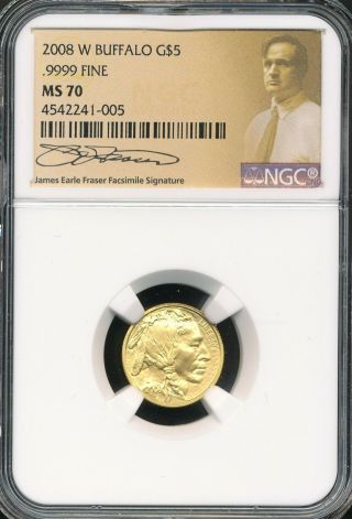 2008 - W $5 1/10 Oz.  9999 Gold Buffalo Ngc Ms 70 Key Date Low Mintage Coin