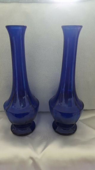 Pair Vintage Ribbed Cobalt Blue Glass Bud Vases 8 " X 3 "