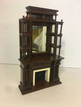 Dollhouse Furniture Wood Fireplace W/ Mantle Shelves And Mirror 8 - 1/2 " Vintage