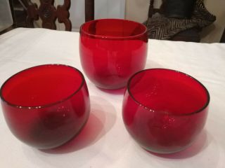 A Set Of 3 Vintage Ruby Red Glass Cups One Cup 3 " T Two Cups 21/2 " T