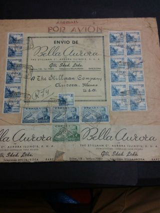 1940 Ph Large Cover Spain To Illinois Usa W/ 19 Sc 654 Sch $760.  00,