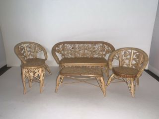 Vintage Dollhouse Miniature Wicker Couch,  Chairs,  Coffee Tables 5 Piece Set