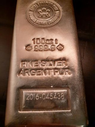 100 Oz Pure Silver Bar - Royal Canadian - 999.  9 Fine
