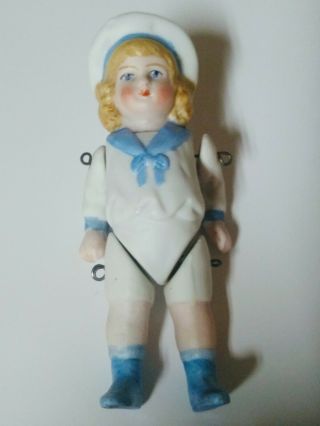 6” Antique German All Bisque Jointed Molded Boots Blonde Boy Sailor Outfit Sf