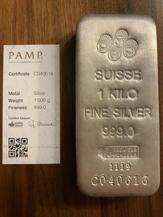 1 Kilo 32.  15 Oz Silver Pamp Suisse Silver Cast.  9999 Fine Silver Bar