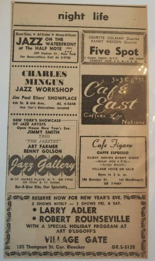 1957 Ad Greenwich Village Charlie Mingus,  Mose Allison,  Ornette Coleman,  Etc.