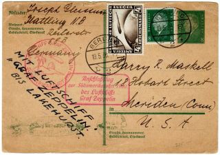 Zeppelin Postcard To Meriden Ct / 4m South America Flight To Lakehurst 1930