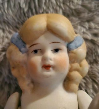 Antique German Bisque Doll Molded Hair Blue