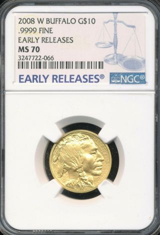 2008 - W $10 1/4 Oz.  9999 Gold Buffalo Ngc Ms 70 Key Date Low Mintage Coin