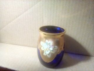 Czech Bohemian Cobalt Blue Gold Gilt Raised Enamel Floral Glass Miniature Vase