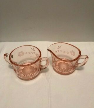 Pink Depression Glass Floral Etched Creamer And Double Handle Sugar Bowl 3 " H.