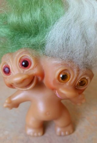 Vintage Uneeda Two Headed Troll Doll,  Green & White Hair,  3 " Tall
