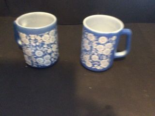 2 Vintage Federal Glass Coffee Cups Mugs Blue With White Flowers
