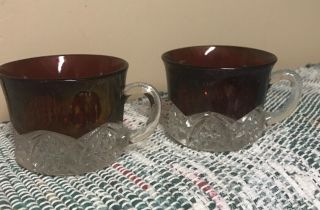 2 Vtg Ruby Red Flash Souvenir Glass Cup Mug Etched Lancaster Wisconsin
