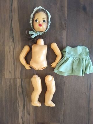 Vintage Terry Lee Doll Brown Hair Green Dress For Repair Or Parts Needs Restrung