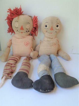 2 Antique Georgene Raggedy Ann Dolls Unusual Blue Brown Striped Legs Tlc 22 "