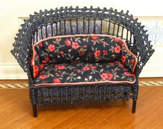 Peggy Taylor Black Wicker Settee Red & Black Floral Artisan Dollhouse Miniature
