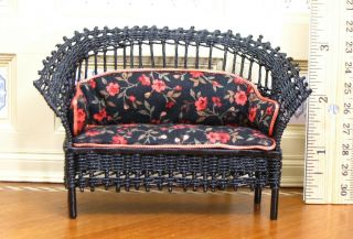 Peggy Taylor Black Wicker Settee Red & Black Floral Artisan Dollhouse Miniature 2