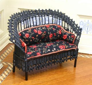 Peggy Taylor Black Wicker Settee Red & Black Floral Artisan Dollhouse Miniature 3