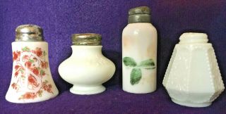 4 Pc.  Eapg Antique Pattern Milk Glass Salt Shakers Fostoria Floral Band Painted