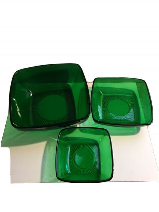 Set Of (3) Vintage Anchor Hocking Forest Green Glass Charm Square Bowls