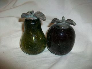 Vintage Hand Blown Crackle Glass Fruit Metal Leaves Pear & Apple Green Purple