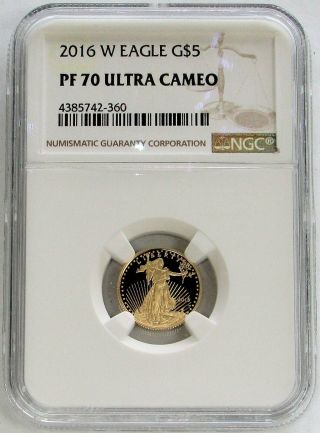 2016 W Gold $5 Proof American Eagle 1/10 Oz Coin Ngc Pf 70 Ultra Cameo