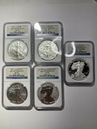 2011 American Silver Eagle 25th Anniversary 5 Coin Set Ms69 & Pf69