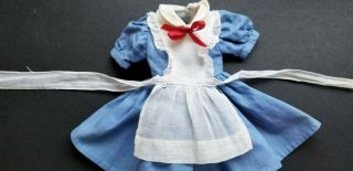Vintage Blue Doll Dress With White Organdy Apron And Red Bow Fits Slim 18 " Dolls