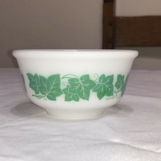 Cond Vintage Hazel Atlas Milk Glass White Bowl W Green Ivy Leaves 5 - 1/2 " Ha