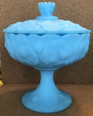 Vintage Fenton Blue Satin Waterlily Covered Candy Dish Compote