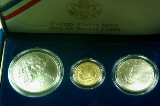 1993 Bill Of Rights 3 Coin Commemorative Set $5.  00 Gold & Silver Dollar & Half