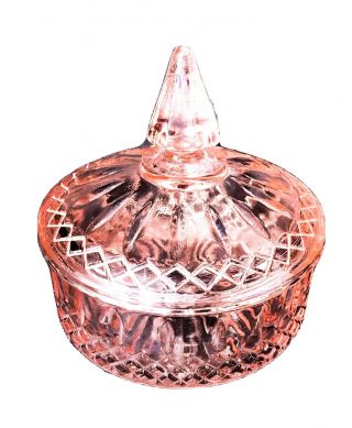 Pink Depression Cut Glass Heavy Candy Dish Bowl With Lid Vintage